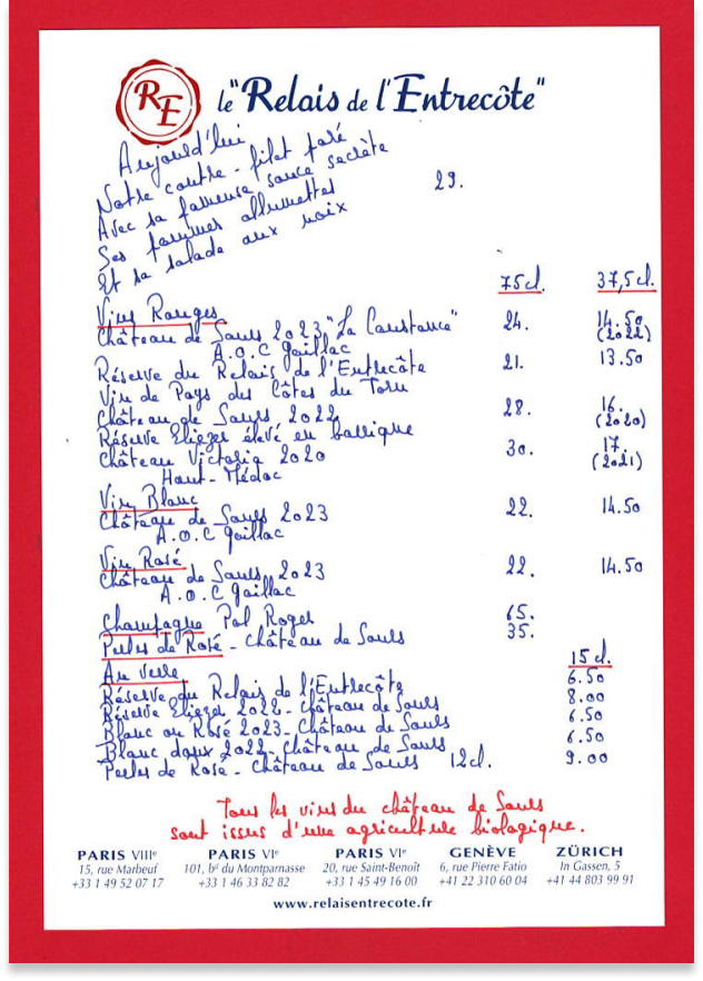 le menu des desserts ecrit a la main